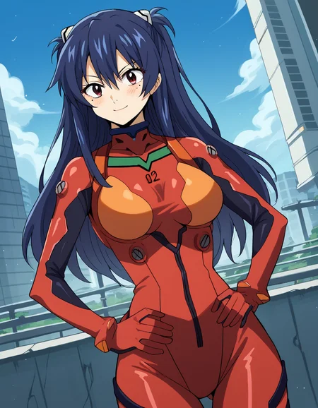 score_9, score_8_up, score_7_up, source_anime, <lora:homura-kougetsu-s1-ponyxl-lora-nochekaiser:1>, homura kougetsu, long hair, blue hair, red eyes, mole, mole under eye, large breasts,, <lora:souryuu-asuka-langley-cosplay-ponyxl-lora-nochekaiser:1>, souryuuasukalangleycosplay, souryuu asuka langley (cosplay), bodysuit, pilot suit, plugsuit, red bodysuit, interface headset,, cityscape, smile, blush, hands on hips,, , cowboy shot, dutch angle