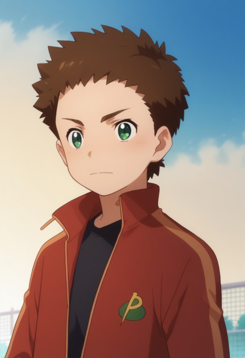 score_9, score_8_up, score_7_up, source_anime, highly detailed, 
shou, 1boy, male focus, brown hair, solo, green eyes, shirt, jacket, track jacket, red jacket, track suit, upper body
outdoor, sky,