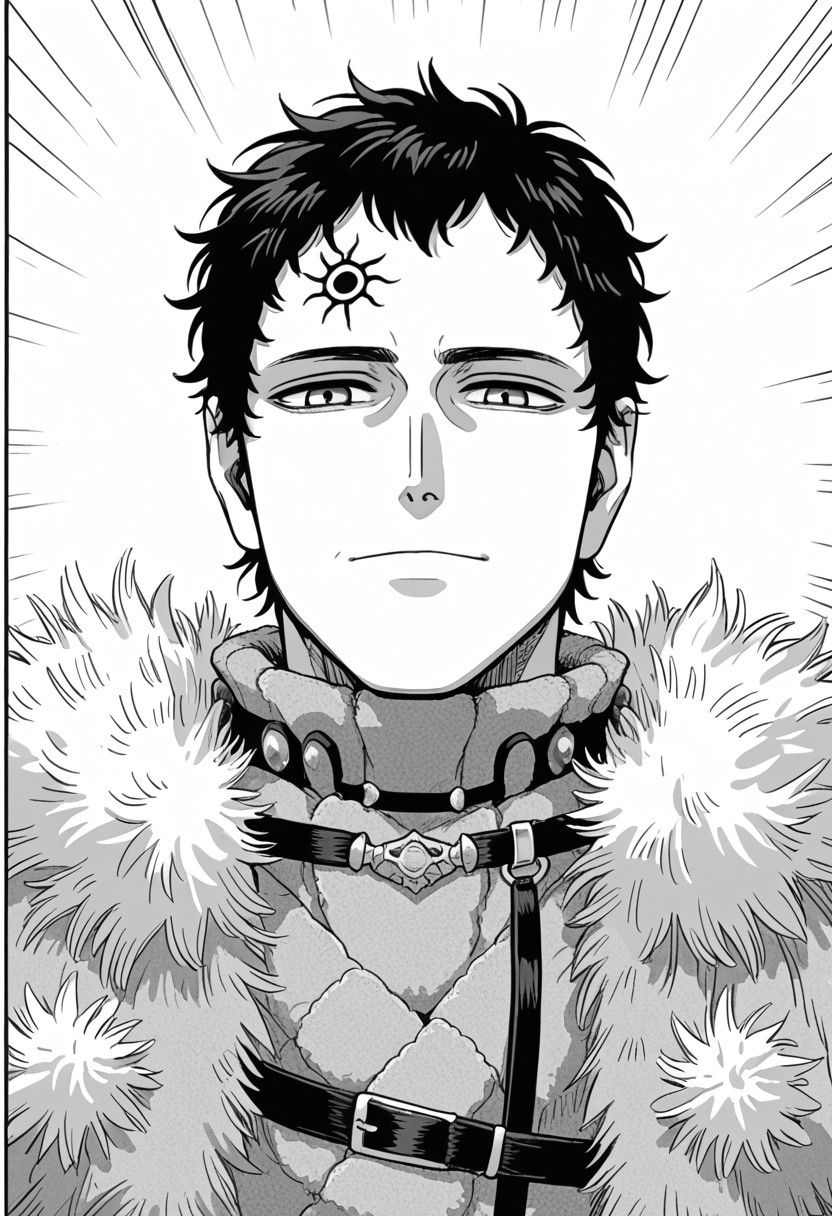 score_9, score_8_up, score_7_up, ((solo)), manga, black and white, lineart, lines, monochrome, adult, man, man on his 40s, lucius zogratis, messy short hair, forehead mark, furry robe, straps, fur cape, fur mantle, middle body, neutral smile, ((thinking expression, serious, closed mouth, relaxed)), flat colors, emphasis lines,