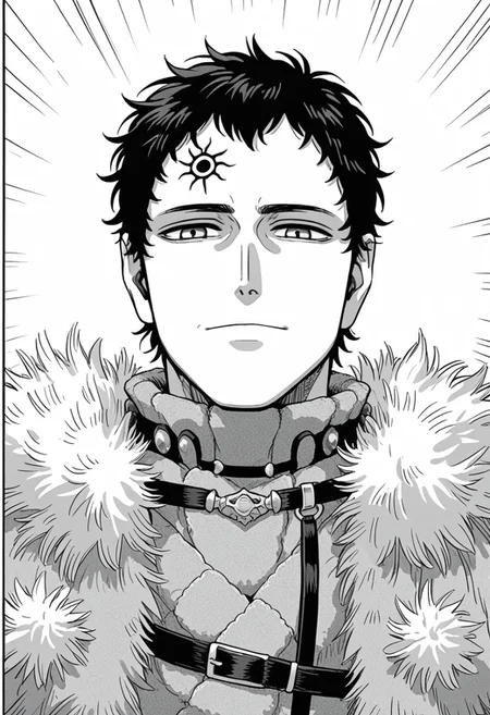 score_9, score_8_up, score_7_up, ((solo)), manga, black and white, lineart, lines, monochrome, adult, man, man on his 40s, lucius zogratis, messy short hair, forehead mark, furry robe, straps, fur cape, fur mantle, middle body, neutral smile, ((thinking expression, serious, closed mouth, relaxed)), flat colors, emphasis lines,