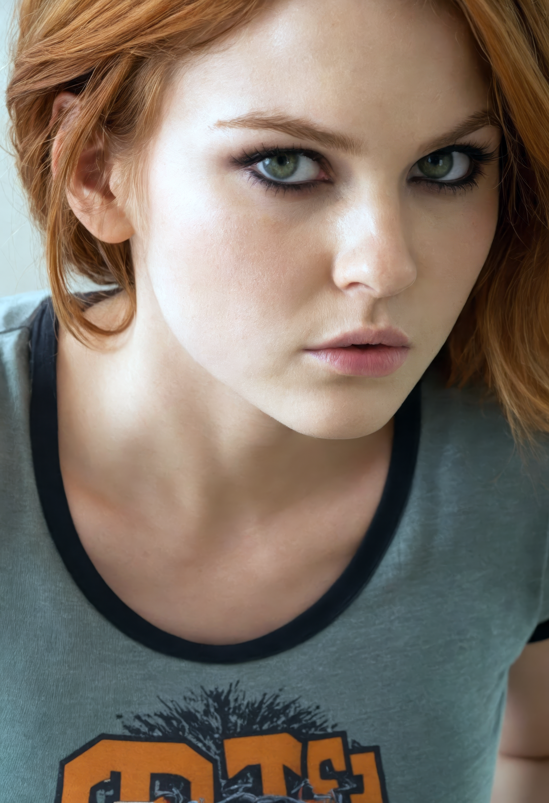 sdxl_amandrow, fierce, t-shirt, detailed eyes, close-up