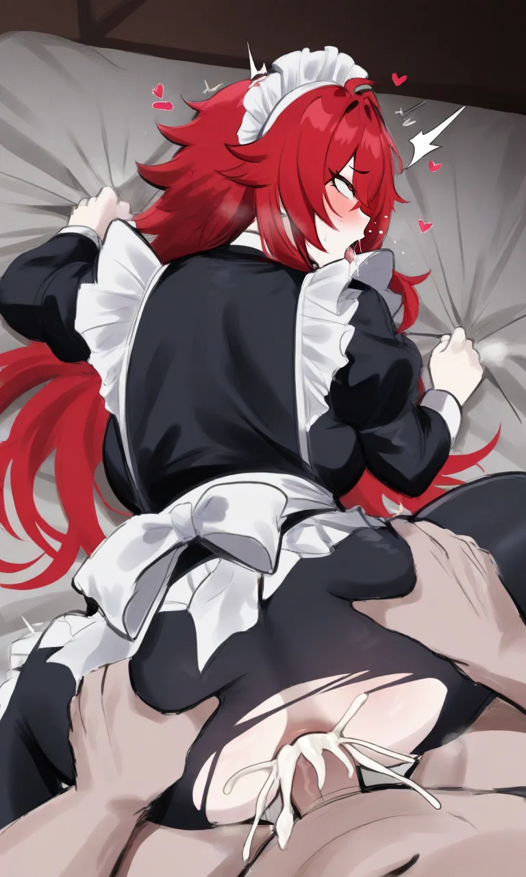 masterpiece, best quality, high resolution, absurdres, 1girl, kurenaiz, maid, maid_headdress, clothed_sex, 1boy, hetero, penis, anal, sex, ahegao, rolling_eyes, cum_overflow, creampie, cum, torn_clothes, red_hair,