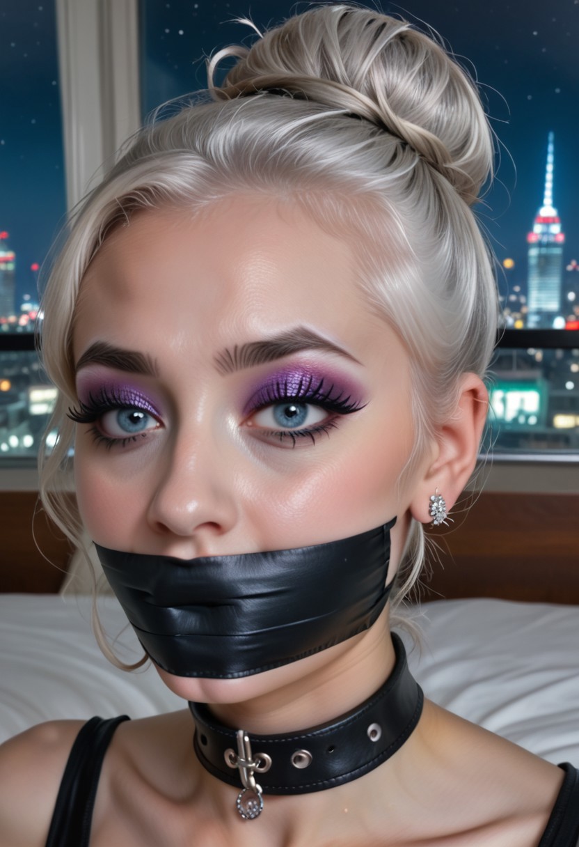 woman, tape gag, eyeshadow, bedroom with skyline view of city at night, platinum blond hair with in a bun with curtain bangs, mouth-filling gag, large wide wrapped tape gag, black dress, black tape gag, black leather collar, (((black tape gag wrapped around the head and mouth))), long dangly diamond earrings,