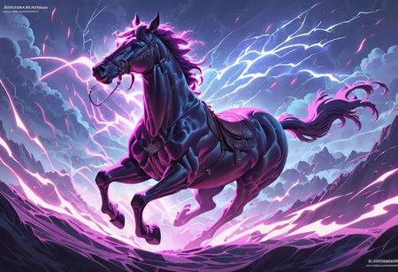 Realistic painting of a large horse galloping powerfully across a vast steppe, with dynamic ray tracing capturing the sunlight filtering through an expansive sky, by artists inspired by the detail and lifelikeness of George Stubbs and the dynamic compositions of Frederic Remington, cinematic composition, trending on ArtStation
BadDream, anzhcdreamwave, aesthetic, glowneon, glowing, sparks, lightning