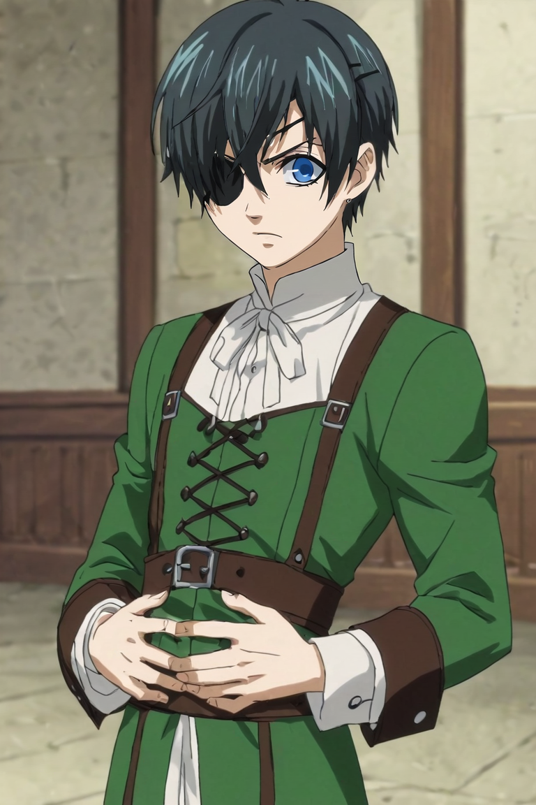 score_9, score_8_up, score_7_up, score_6_up, score_5_up, score_4_up, BREAK source_anime, anime screencap, anime coloring, official style, , upper body, depth of field, 1boy, solo, male focus, <lora:ciel_phantomhive_pony:0.92>, ciel_phantomhive, black hair, blue eyes, eyepatch, medieval costume, alternate history, Hands on the stomach, suggesting nervousness or discomfort, <lora:sdxl_lightning_8step_lora:1>