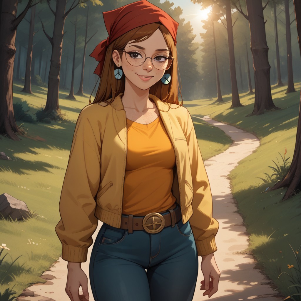 score_9, score_8, BREAK, solo, red bandana, auburn hair, glasses, freckles, lips, peace symbol earrings, yellow long sleeves, sleeveless mini jacket, long jeans, flip flops, total drama, Miles_(Total_Drama), belt, black eyes, sexy pose, self portrait, smile, outdoors, sunlight, shadows, evening lighting, natural lighting, forest, trees, grass, orange sky, sunset