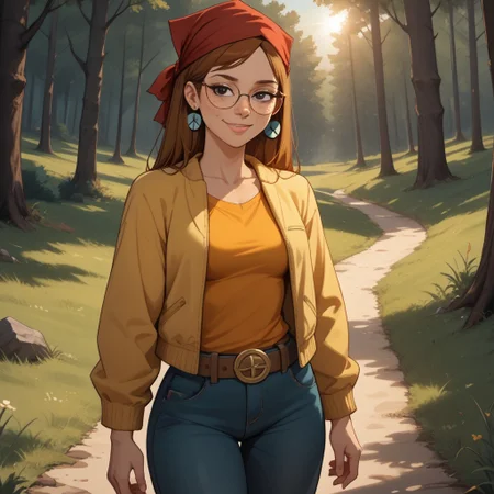score_9, score_8, BREAK, solo, red bandana, auburn hair, glasses, freckles, lips, peace symbol earrings, yellow long sleeves, sleeveless mini jacket, long jeans, flip flops, total drama, Miles_(Total_Drama), belt, black eyes, sexy pose, self portrait, smile, outdoors, sunlight, shadows, evening lighting, natural lighting, forest, trees, grass, orange sky, sunset