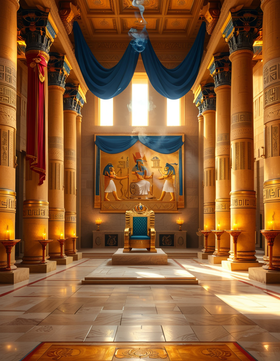 A grand and majestic ancient Egyptian throne room, illuminated by the warm glow of oil lamps and torches mounted on the intricately carved sandstone walls. The room is vast, with towering columns adorned with gold-inlaid hieroglyphs and bas-reliefs depicting gods such as Ra, Osiris, and Anubis, as well as scenes of royal ceremonies and offerings. The walls are covered with colorful frescoes, painted in deep shades of blue, red, and gold, telling the stories of ancient pharaohs and their divine rule.
At the center of the hall, an ornate golden throne rests atop a raised stone platform, accessible by a few steps. The throne is adorned with intricate carvings of winged sun disks, sacred cobras, and falcon motifs, symbolizing power and divine protection. The seat and backrest are encrusted with lapis lazuli, turquoise, and carnelian, creating a striking contrast against the polished gold. Two large stone statues of sphinxes flank the throne, their watchful eyes seeming to guard the empty seat of power.
The polished limestone floor reflects the flickering golden light of the torches, creating an almost mystical atmosphere. Large braziers shaped like lotus flowers release thin trails of fragrant incense smoke, adding to the sacred and mysterious ambiance of the room.
In the background, massive stone doors, partially open, reveal a glimpse of an open courtyard with palm trees and a distant view of the Nile River under a twilight sky. Through the high ceilings, small openings allow beams of moonlight to filter in, casting soft silver highlights across the chamber, blending with the warm tones of the torchlight.
The atmosphere is one of silence, mystery, and timeless majesty, as if the room has been left untouched for centuries, awaiting the return of a forgotten ruler.
<lora:SDXLFaeTastic2400:0.4> <lora:extremely_detailed:0.4> extremely detailed, <lora:ancient_Egyptian_thr0n3_r00m:1>,ancient Egyptian thr0n3 r00m, Masterpiece,best quality,hi res,8k,hi res,8k,award winning,(sharp focus, intricate, highly detailed),
