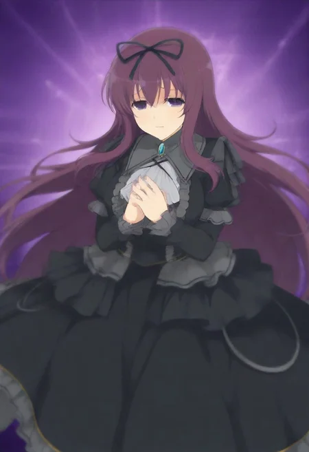 masterpiece, best quality, amazing quality,,, shiny skin,,,,,,murasenran, purple_eyes, purple_hair, very_long_hair,, hair_ribbon, black_ribbon, frills, frilled_dress, black_dress, puffy_long_sleeves, white_ascot, brooch,