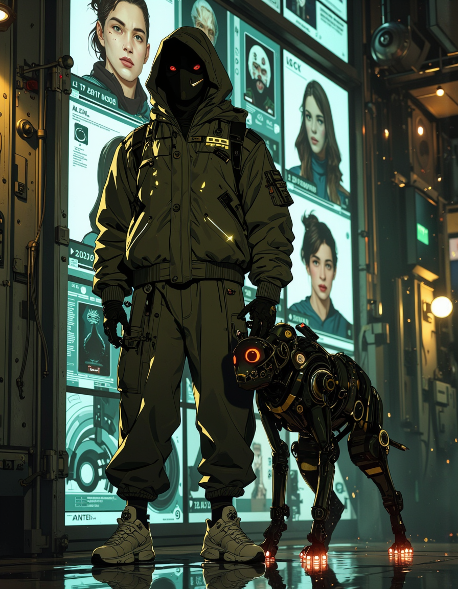 Anime style. A highly detailed digital illustration in fantasy art depicts a man and a robotic dog in a cyber-noir setting, standing in front of a massive digital screen displaying high-resolution images and biometric data of wanted criminals, flickering as new profiles appear. The man wears an olive-green puffy jacket reinforced with cybernetic plating, neon circuitry glowing along the seams, and the Nike swoosh subtly integrated into the futuristic design. His matching olive-green pants have metallic accents and fiber-optic threading, slightly baggy but structured, paired with white, high-tech sneakers featuring self-tightening straps and illuminated soles. His black hood, reinforced with an armored exoskeletal framework, conceals most of his face, while a sleek cyber-mask with an iridescent digital display covers his lower face, adding an enigmatic presence. Beside him, a robotic dog with a matte-black metallic body stands alert, its angular frame reinforced with cybernetic joints, its red eyes glowing ominously as it scans the environment. A low hum vibrates from its core, hinting at raw power. The environment fuses futuristic and industrial aesthetics, dim neon lighting casting moody reflections over steel-paneled walls, and floating holographic interfaces illuminating the polished floor, enhancing the dystopian, high-tech atmosphere filled with mystery, tension, and cybernetic precision.