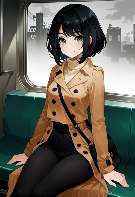 masterpiece, best quality, 1girl, solo, eyelashes, (beautiful eyes), narrow waist, smile,  sitting,     [Monochrome Metro Pause], zzSelene, black hair, short hair, C0utur3Cr4z3, trench coat, turtleneck, high-waisted slacks, crossbody bag, subway bench, industrial lighting, grayscale color palette â zzSelene waits alone on a subway platform, sitting straight-backed with elegance. Her sharp silhouette is framed by metal pillars and humming fluorescents. In a sea of muted tones, her presence is deliberate and exactâpoised, unreadable, and cool as steel.    <lora:SelenePokemon_NAI:1.0>,      <lora:CoutureCraze_IXL:0.7>,