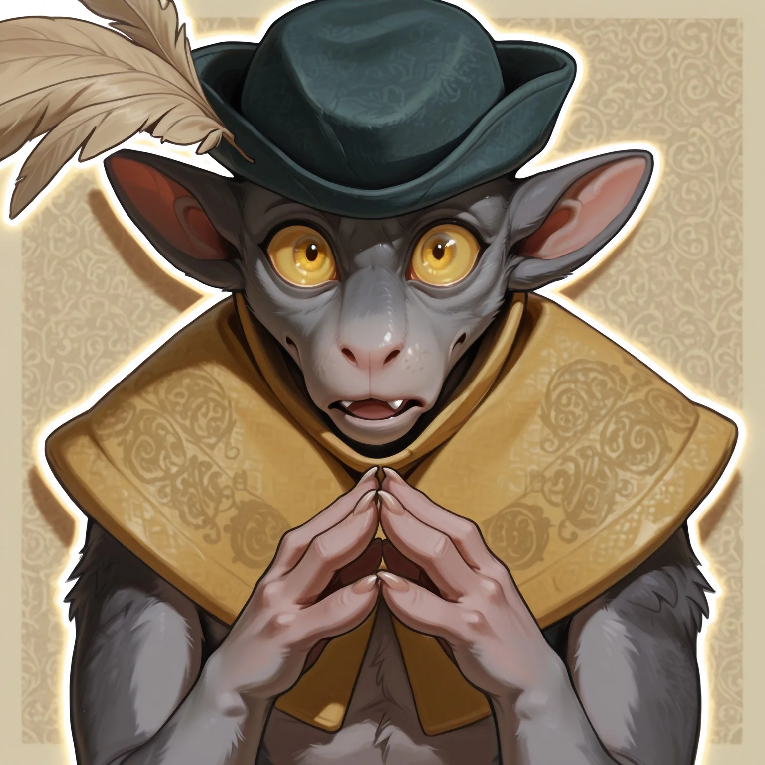 solo, 1boy, furry male, boc_eldenring, yellow sclera, yellow eyes, buck teeth, fang, pointy ears, body fur, grey fur, wide-eyed, masterpiece, highres, ultra-detailed, absurdres, amazing quality, best quality, newest, blue hat, hat feather, yellow feather, yellow capelet, high collar, upper body, close-up, looking at viewer, parted lips, frown, surprised, own hands together, hands up, elbow tuft, patterned clothes, finger claws, sharp fingernails,
BREAK
patterned background, drop shadow, perfect lighting, detailed shading,