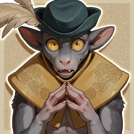 solo, 1boy, furry male, boc_eldenring, yellow sclera, yellow eyes, buck teeth, fang, pointy ears, body fur, grey fur, wide-eyed, masterpiece, highres, ultra-detailed, absurdres, amazing quality, best quality, newest, blue hat, hat feather, yellow feather, yellow capelet, high collar, upper body, close-up, looking at viewer, parted lips, frown, surprised, own hands together, hands up, elbow tuft,  patterned clothes, finger claws, sharp fingernails, 
BREAK 
patterned background, drop shadow, perfect lighting, detailed shading, 