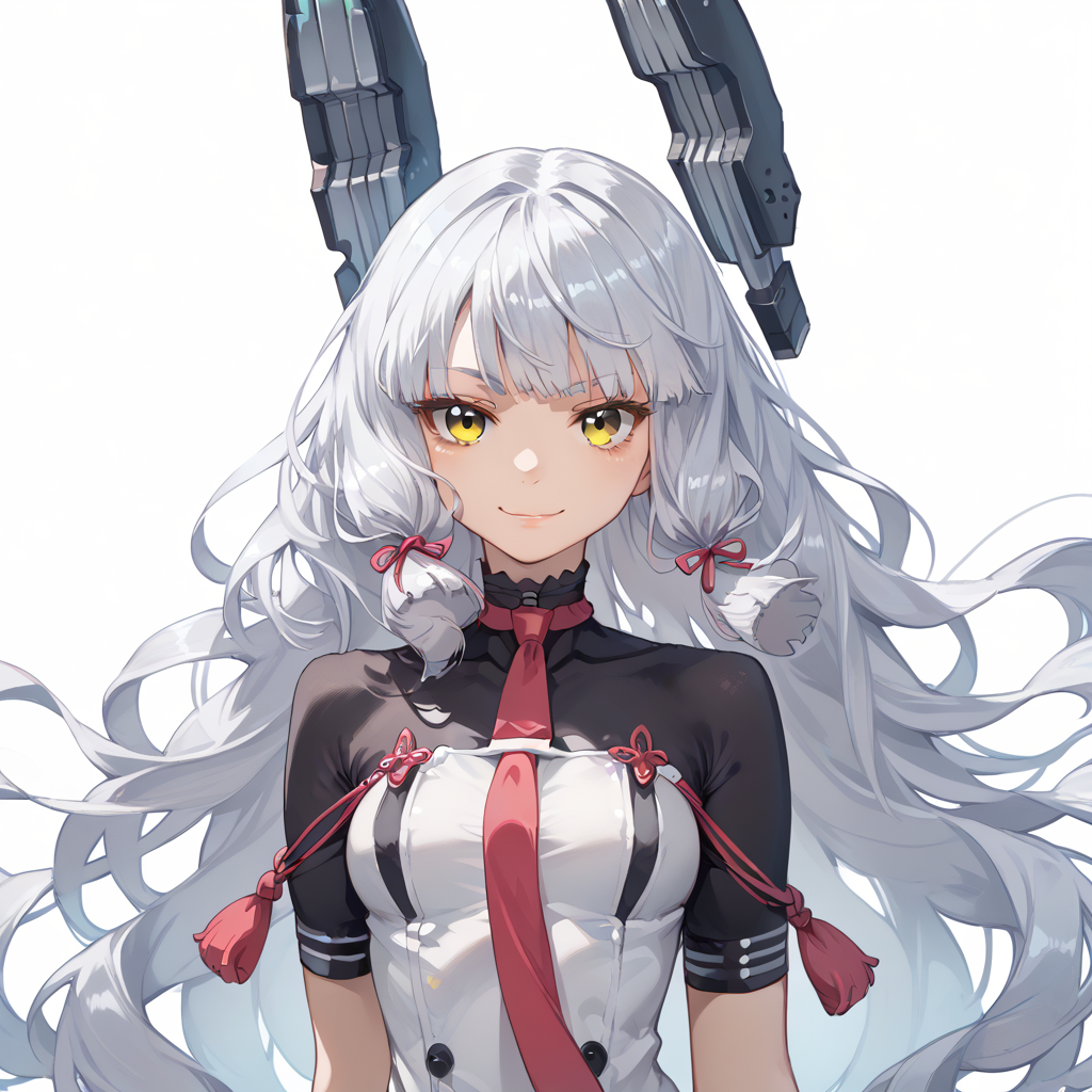 score_9, score_8_up, score_7_up, simple background, light smile, looking at viewer, 
1girl, murakumok2, silver hair, yellow eyes, sidelocks, necktie, headgear, dress,
<lora:murakumo_kai2_pony_v1:0.8>