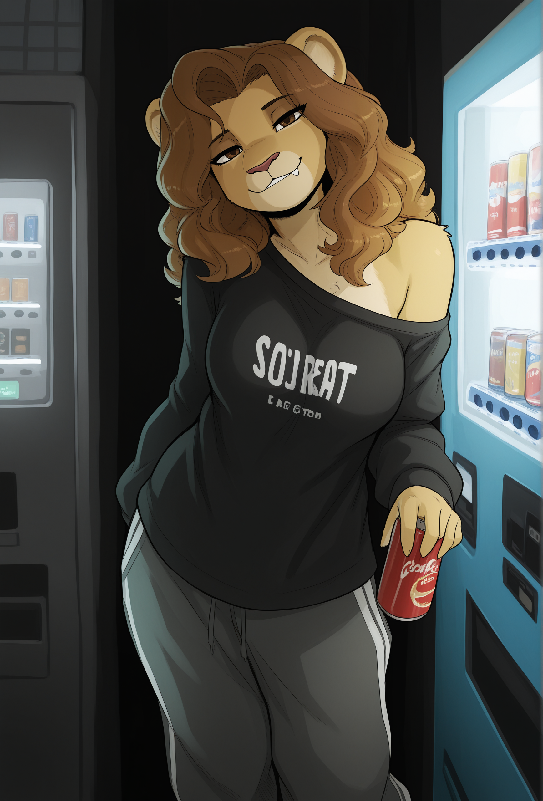 masterpiece,best quality,amazing quality, <lora:the_minuscule_task_style_illustrious_v1.2f:1> taskstyle, 1girl, furry, lion, wavy hair, long hair, brown eyes, looking at viewer, smile, half-closed eyes, BREAK
medium breasts, shirt, long sleeves, sweatpants, baggy clothes, off shoulder, dark, low lighting, convenience store, solo, vending machine, holding can, leaning to the side,