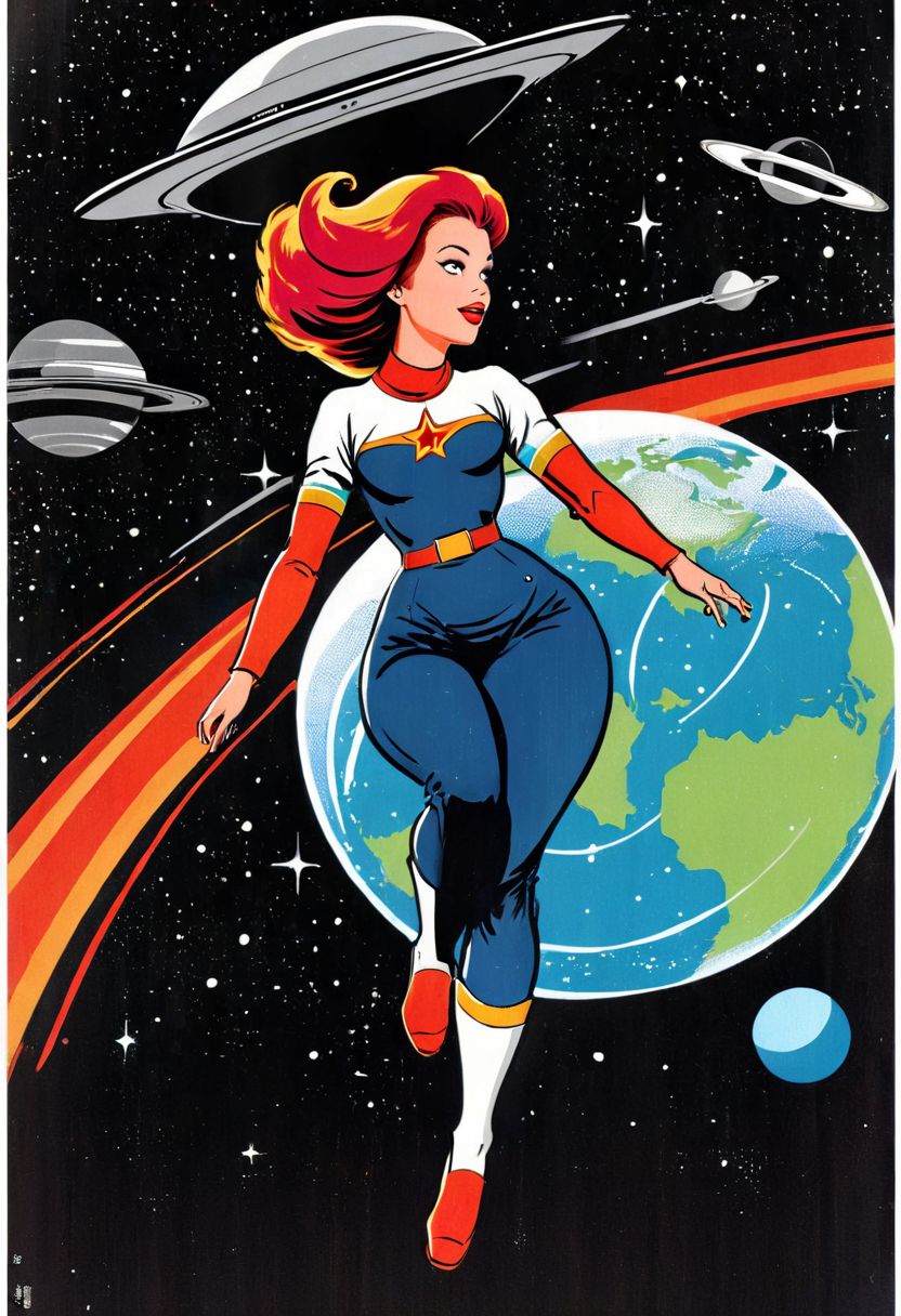 soviet movie poster, 1950-s cosmonaut woman, far space, in a flying saucer, flying past Saturn, nebula, sputnik, red hair, in the style of steven-rhodes, Retro Illustration Style, <lora:steven-rhodes-sdxl-v1-000046:0.6>, Humorous Elements, Simplistic Details