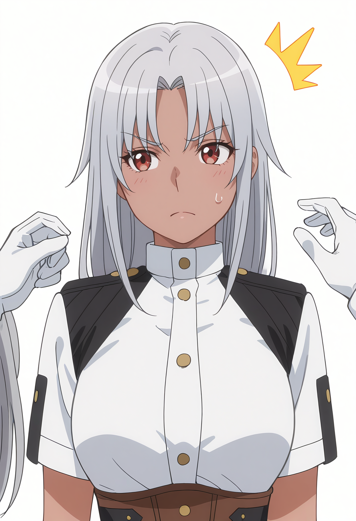 Smooth Quality,masterpiece, ultra realistic,
simple background, white background, 
front view,^^^,
 <lora:AquaErisCnn:0.8> Aqua/Cnn, Sist/Cnn, long hair, 1girl, red eyes, dark-skinned female, uniform, grey hair, gloves,