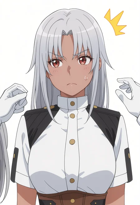 Smooth Quality,masterpiece, ultra realistic,
simple background, white background, 
front view,^^^,
 <lora:AquaErisCnn:0.8> Aqua/Cnn, Sist/Cnn, long hair, 1girl, red eyes, dark-skinned female, uniform, grey hair, gloves,