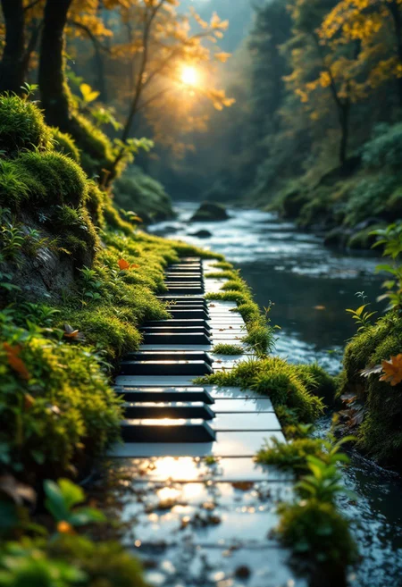A surreal and captivating cinematic scene where nature and music converge in perfect harmony. At the heart of the image, a grand piano keyboard emerges from a lush, verdant landscape, with each key adorned by moss, grass, and small plants. The contrast between the man-made keys and the natural environment creates a striking fusion that emphasizes the deep connection between music and nature. The keys appear to be alive, as if they are an extension of the earth itself.
In the background, a serene river flows gently through a densely forested landscape, painted with various shades of green and warm autumn leaves. The sunlight filters through the trees, casting a soft, golden glow over the entire scene, emphasizing the magical atmosphere. The delicate balance of light and shadow, as well as the seamless integration of the piano keys into the landscape, conveys a sense of harmony and peace,, cinematic