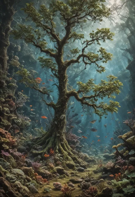 8K Ultra HD, highly detailed, super realistic, Underwater Forest, a detailed illustration depicting a mysterious forest that spreads on the seabed, a fantastic sight of trees standing in the sea and glittering creatures, Adobe Illustrator, pixiv, luminism, 3d render, octane render, Isometric, by yukisakura, awesome full color, <lora:add-detail-xl:1>