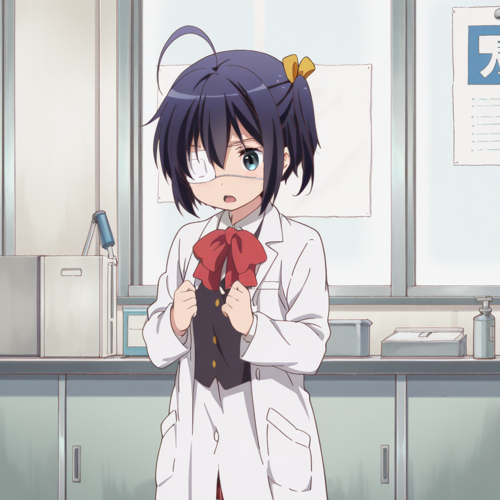 masterpiece, best quality, amazing quality, 1girl, solo, love_chunibyo_other_delusions_takanashi_rikka, standing, eyepatch, ahoge, one side up, blue eyes, short hair, black hair, labcoat, ribbon, hair ribbon, open mouth, on lab, <lora:Takanashi_Rikka:0.7>