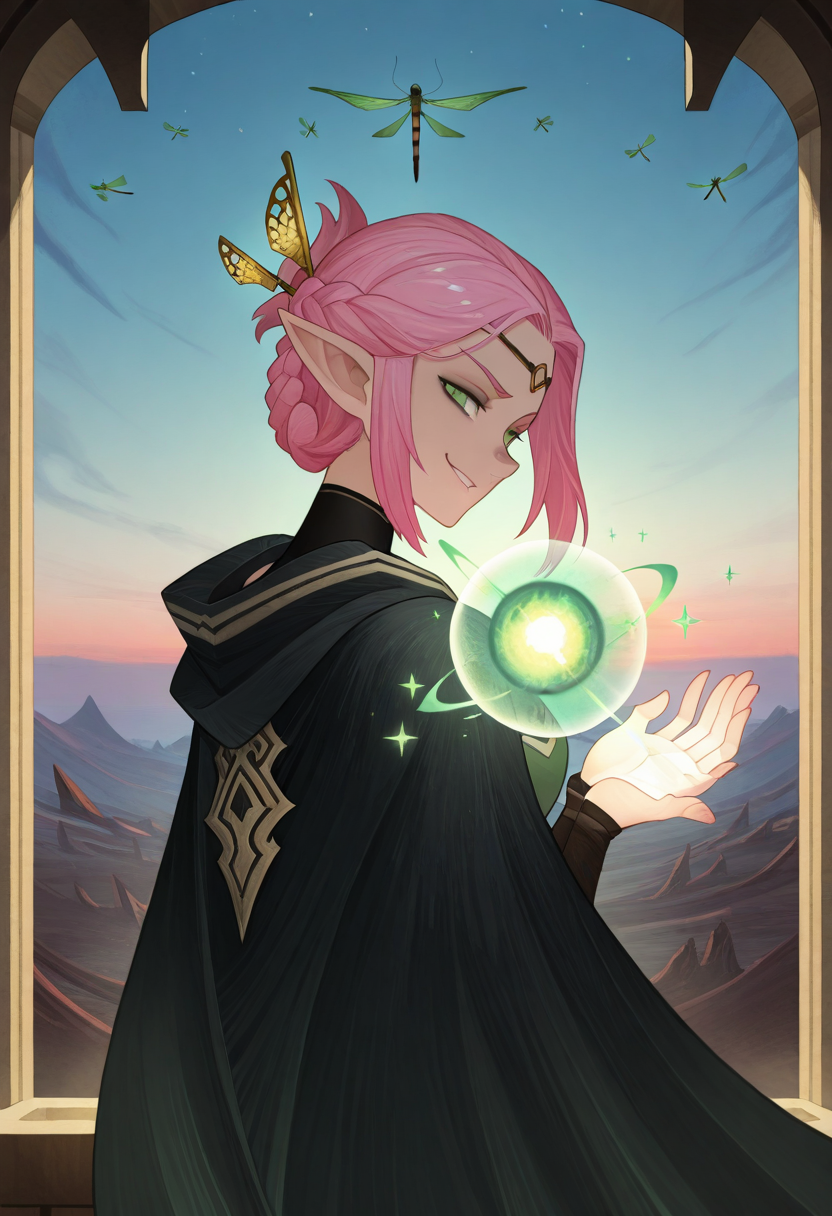masterpiece, best quality, amazing quality, afkarenastyle, 1girl, arcane elf, over-shoulder view, braided pink hair, luminescent green eyes, graceful hands, alabaster skin, confident smirk, floating islands backdrop, twilight sky, ebony cloak with alchemical gold symbols, dragonfly hairpin, energy sphere floating above palm <lora:afkArenaIllustrious:1>