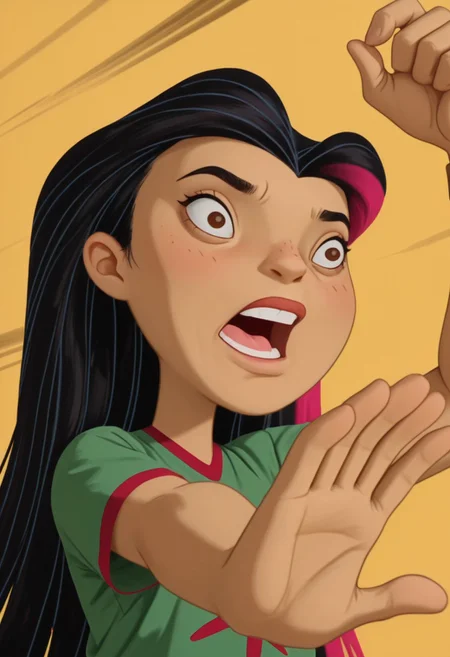 <lazypos>, realistic_skin, ((kaibadefeat, open mouth, blush, upper body, arm up, speed lines, yellow, outstretched arm, shaded face)), ((1girl)), ((Juniper_LeeZYN, older, tall, woman++, brown eyes, wide-eyed, constricted pupils, shouting, black hair, two-tone hair, multicolored hair, long hair)),