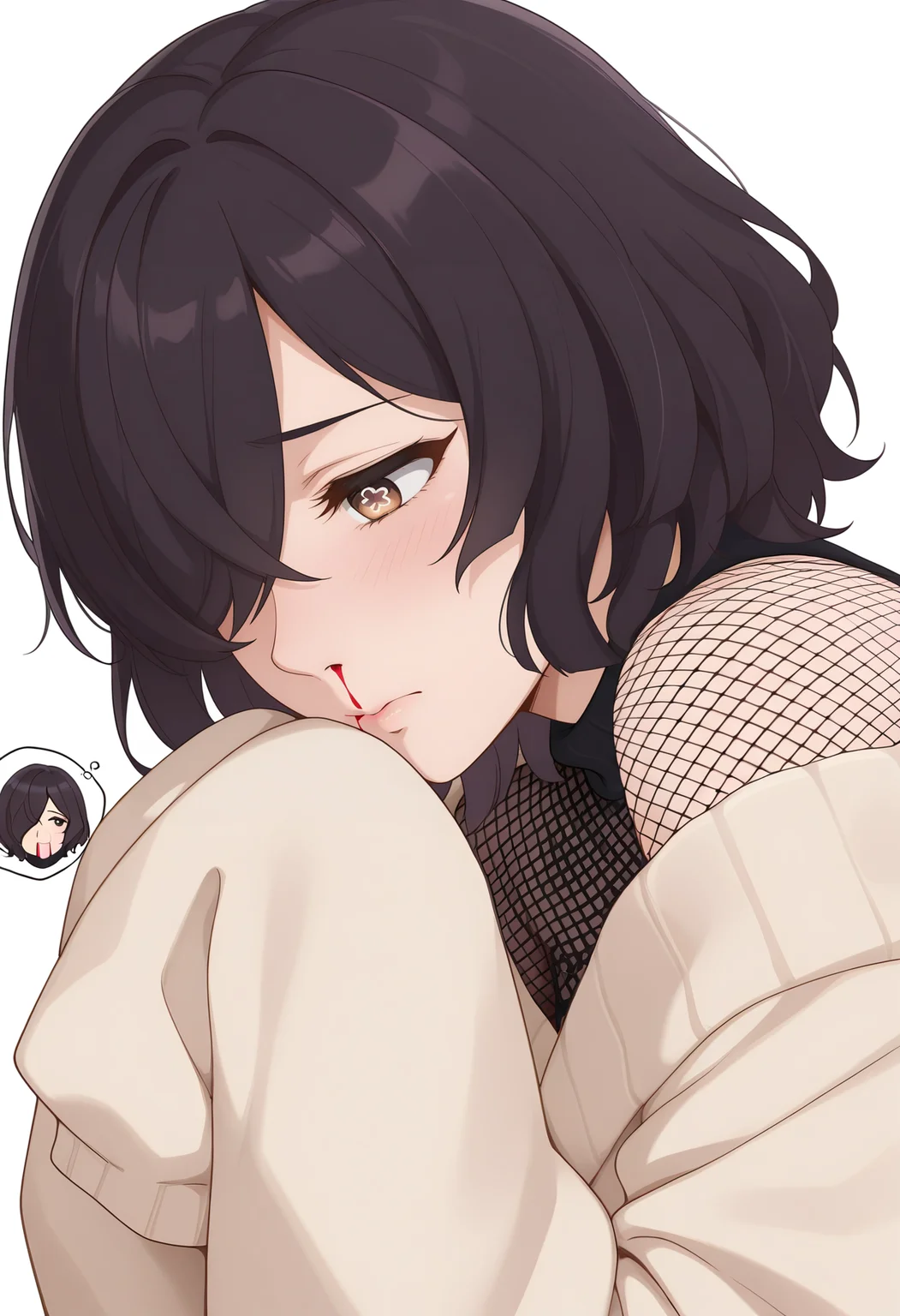 Smooth Quality,masterpiece,very intricate, high quality details, ultra realistic, high detailed skin,detailed enviorement,absurdres,
simple background, white background,
,from side,sad,nosebleed,
kimono, ,oversized sweater, ,fishnets, , <lora:Kiclacnn:0.7> Kiclacnn, 1girl, black hair, brown eyes, symbol-shaped pupils, short hair, hair over one eye,