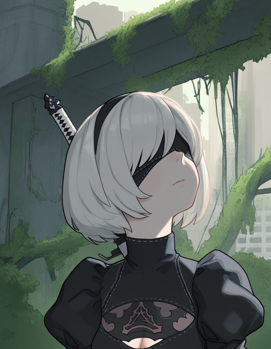 masterpiece, best quality, very aesthetic, absurdres,gloss,uncensored,outdoors, city,ruins, overgrown, 
2b_(nier:automata), nier_(series), 1girl, white_hair, covered_eyes, weapon on back, looking up, expressionless, 
 <lora:bee_deadflow-fandingo-ill:1>