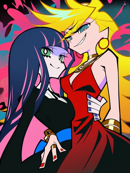 perfect composition, very awa, jaggy lines, limited palette, spot color, colorful, acid_trip, abstract background, hand on another's waist, BREAK
2girls, panty & stocking with garterbelt, panty \(psg\), stocking \(psg\), red dress, black dress, standing, smirk, portrait, <lora:vivid:0.5>, asymmetrical docking, polar opposites, official art,