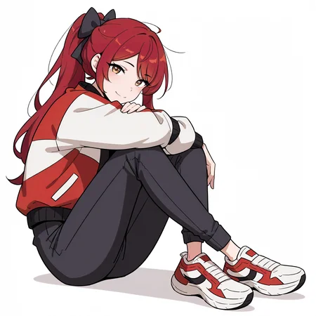 <lora:style_nyanmix_styleXLIllustrious001>,
masterpiece,best quality,good quality,newest,
white background,simple background,nyanmix_style,
looking at viewer,
solo,
smile,
1girl,red hair,ponytail,hair_bow,jacket,pants,sneakers,
sitting,