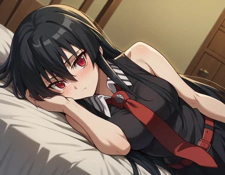score_9, score_8_up, score_7_up, source_anime,
agkakame, <lora:agk-akame-s1-ponyxl-lora-nochekaiser:1>,
akame, long hair, black hair, red eyes, hair between eyes,
skirt, dress, necktie, sleeveless, belt, shirt, black shirt, collared shirt, red necktie, black skirt,
indoors, bed, bed room, on side, blush, drunk,
cowboy shot, solo, dutch angle, looking at viewer,