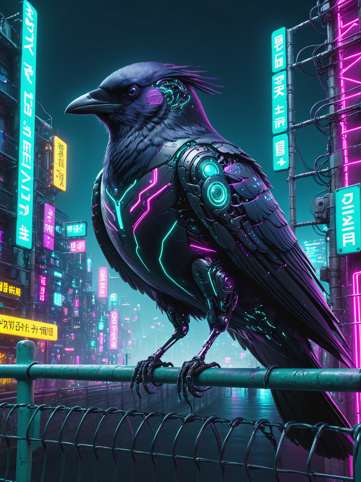 cyberanimals raven on a link fence, dynamic pose, cyberpunk, city, neon lights, night, teal, magenta, yellow <lora:Neon_Cyberpunk_SDXL_Cyberanimals:0.8>, (masterpiece:1.2), best quality, (hyperdetailed, highest detailed:1.2), high resolution textures