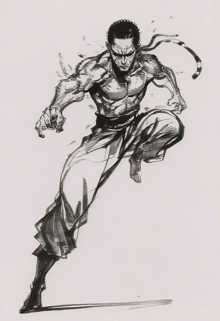 score_8_up, score_7_up, score_6_up (cel-shading, rivals),  (((yoji_shinkawa, Sketch, Traditional media, flat color))), <lora:Yoji_v2-000014:0.85>, (((nsfw))),
movie-themed, sharp, detailed, epic photography, artistic, dramatic light, cinematic style, film style, bokeh, cinemascope, moody, epic, gorgeous, film grain, grainy, (((gritty))) 
BREAK
(((african american male))), (((kung fu fighter))), (((character model))), dreadlocks, 30 years old, ((street fighter)), ((full body, 3/4 pose)), character design, fighting stance, 
(dynamic angle), (((plain background, white background)), background out of focus, simple background,