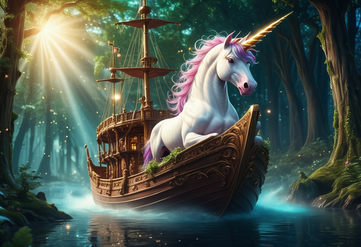 (medium full shot) of (long shot ) of mythical unicorn sailing on a magical ship, detailed face, located in a magical scene at a magical forest during starlit night with sunny weather, illuminated by sunlight, creating a epic atmosphere, Masterpiece,best quality, photo, realistic, very aesthetic,