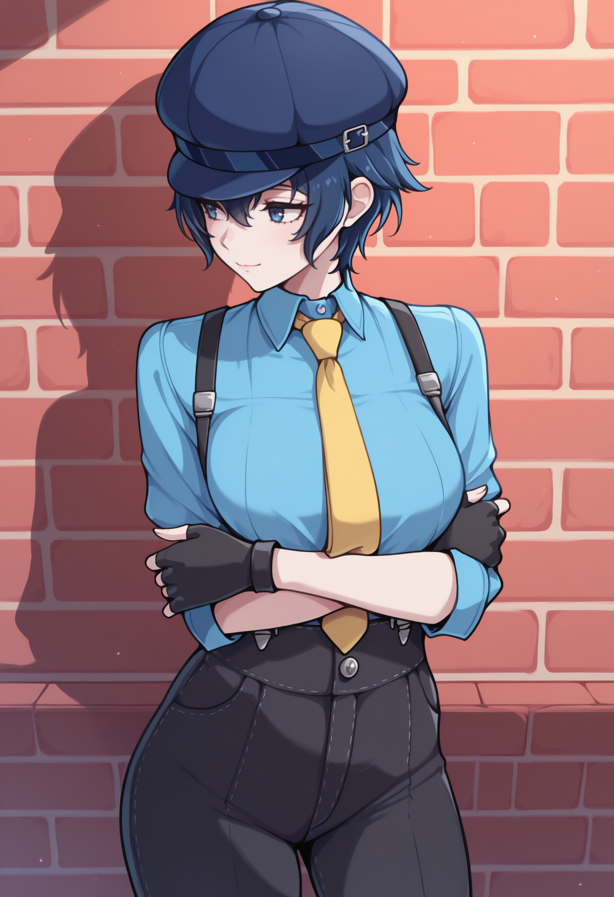 masterpiece, best quality, newest, solo, 1girl, na0todancing, slight smile, looking to the side, standing, crossed arms, short hair, blue hair, blue headwear, cabbie hat, blue eyes, blue shirt, collared shirt, yellow necktie, suspenders, black gloves, fingerless gloves, black pants, brick wall
<segment:yolo-Anzhc Face seg 640 v2 y8n.pt,0.4,0.5//cid=1>