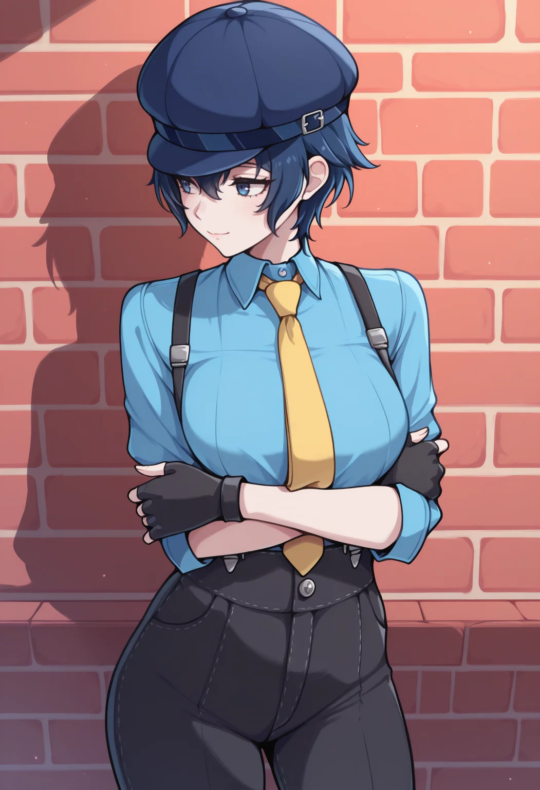 masterpiece, best quality, newest, solo, 1girl, na0todancing, slight smile, looking to the side, standing, crossed arms, short hair, blue hair, blue headwear, cabbie hat, blue eyes, blue shirt, collared shirt, yellow necktie, suspenders, black gloves, fingerless gloves, black pants, brick wall
<segment:yolo-Anzhc Face seg 640 v2 y8n.pt,0.4,0.5//cid=1>