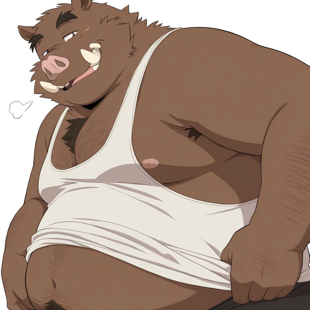 masterpiece, detailed background, best quality, absurd res, high detail, aesthetic, smooth drawing, nice tusks,
WildBoarOC, anthro male, wild boar, suine, brown fur, chest hair, hairy arms, white background, smile, smug, fat, overweight, tank top,  open mouth,