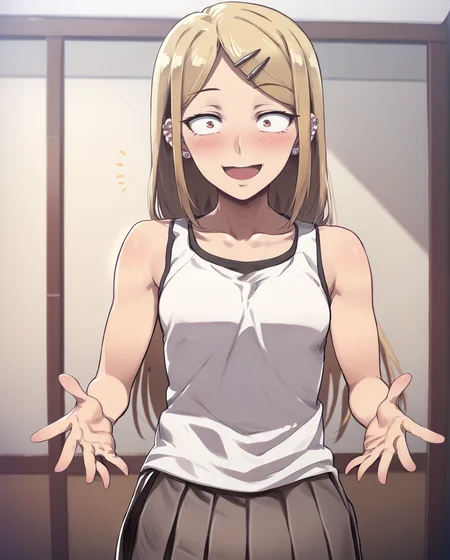 score_9, score_8_up, score_7, 1girl, solo, indoors, endou_saya, sanpaku, brown eyes, blonde hair, long hair, hairclip, white shirt, tank top, pleated skirt, <lora:endou_saya:1>, hair ornament, hairclip, long hair, ear piercing, jewelry, looking at viewer, blush, small breasts, open mouth, collarbone, constricted pupils, bare shoulders, smile, standing, blush, <lora:D-ART_XL-V2:1>