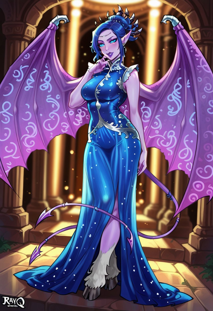 NocticulaTRQ, 1girl, solo, colored skin, purple skin, short hair, blue hair, horns, hair bun, bangs, blue eyes, nose, purple lips, pointy ears, earrings, long blue dress, dress ornament, cutout dress, large breast, sleeveless dress, demon wings, demon tails, hooves,
,seductive pose, sexy pose, tease, 
masterpiece, best quality, ultra-detailed, very aesthetic, detailed background, very aesthetic, newest, scenery, highres, 4k, absurdres, 8k, colorful,vibrant, glowing, perfect face, 2d, perfect eyes, detailed eyes, 
 masterpiece, best quality, ultra-detailed, very aesthetic, newest, scenery, absurdres, perfect anatomy, , perfect face, perfect eyes, mature body, clear eyes, beautiful eyes, athletic, curvy body, athletic girl, perky tits, perfect tits, round breasts, pinup pose, teasing, lustful expression,
muscular female, dutch angle, 
,detailed eyes, Smooth Negative, highres, absurdres, uncensored , vibrant saturated colors, volumetric lighting,wide depth of field, sharp, ray tracing,