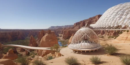 ([by Buckminster Fuller|by Santiago Calatrava]:1.5), earth model, (Giant Metal Orb.:0.5), floating metal sphere, canyon, desert landscape with oasis, deep crevice