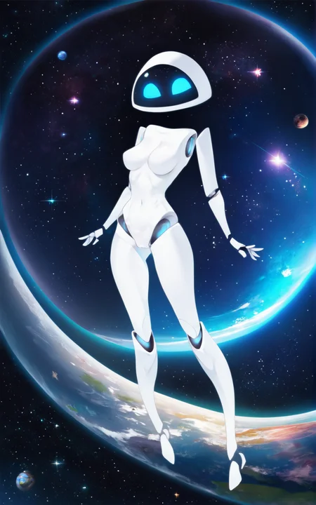 score_9, score_8_up, score_7_up,((masterpiece,best quality)), absurdres,((full body)),<lora:EVESDXL:0.85>,EVESDXL,robot,breasts,humanoid robot, blue eyes, no mouth, white skin ,screen face,featureless feet,slim,standing,solo,flying, space, planets, stars, <lora:3d-2d:0.8>