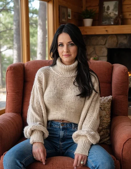 Subject: A woman sitting on a plush, oversized armchair in a cozy, rustic cabin surrounded by towering trees and a crackling fireplace.
Lighting: Warm, golden light from the fire casting a cozy ambiance.
Camera Angle: Eye-level shot, looking straight at the woman's face as she gazes out at the viewer.
Composition Style: Leading lines of the chair and surrounding decor converge to her eyes.
Clothing: High-necked, long-sleeved sweater in soft, earthy tones with a chunky knit pattern.