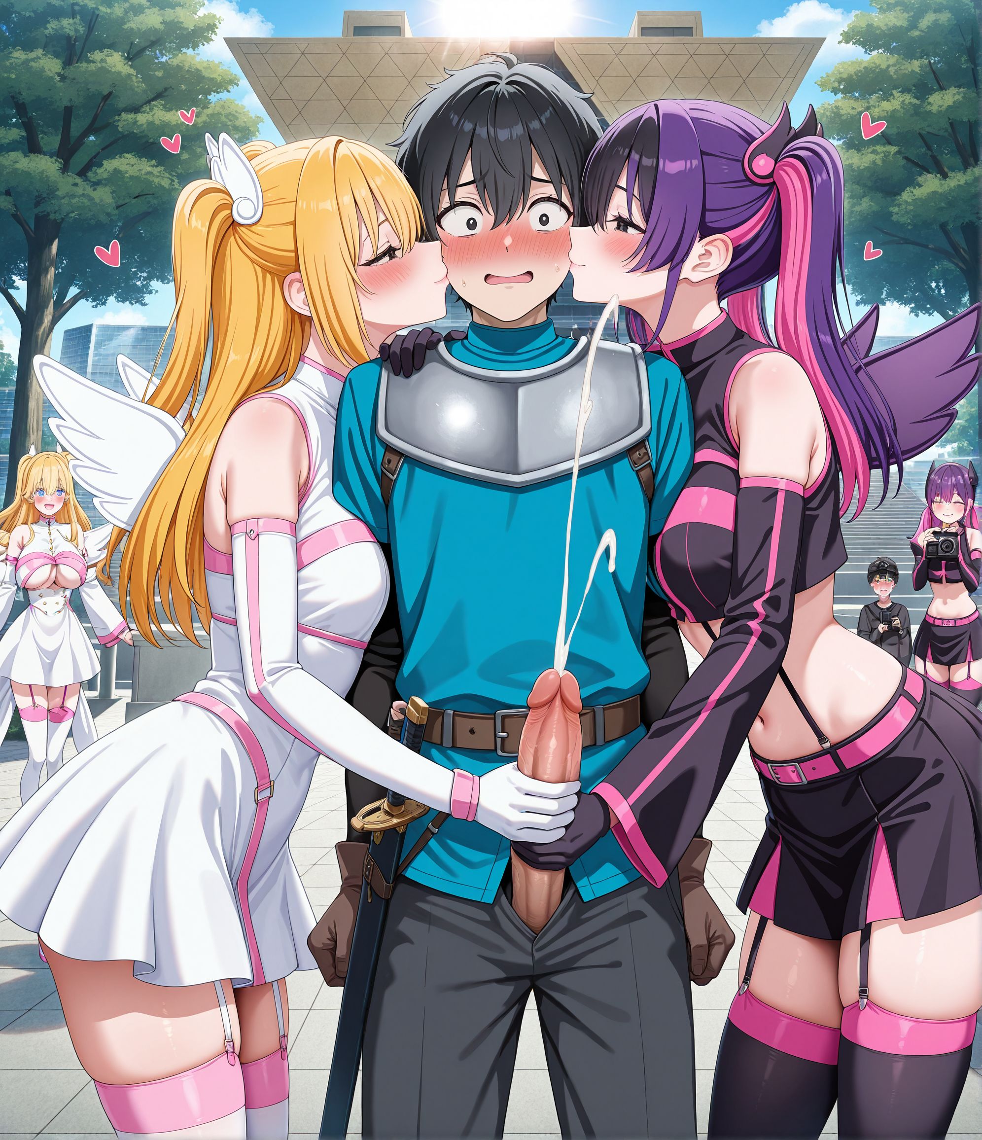 masterpiece,best quality,amazing quality,very aesthetic,absurdres,newest, huge filesize,
<lora:spo_sdxl_10ep_4k-data_lora_webui:0.5>,
<lora:add-detail-xl:1>
 ffm threesome, 1boy, 2girls, handjob, kissing, blush, smiling, nervous, passionate,  projectile cum, 
 tokyo big sight,  outdoors, tree, cosplay shot sight,camera, huge penis, 
sunlight, sun, tree,
BREAK
ffm threesome, 1boy, 2girls, handjob, kissing, blush, smiling, nervous, passionate, 
<lora:2.5_dimensions_V2:1>d_v2,
breasts,
blue eyes,
blonde hair,thighhighs,
skirt,navel,detached sleeves,
garter straps,long hair,
wings,two side up,
heart,underboob,
pink strap,white dress, pink and white dress,
amano_cos,
liliel \(2.5 jigen no ririsa\), 
BREAK
 ffm threesome, 1boy, 2girls, handjob, kissing, blush, smiling, nervous, passionate, 
threesome, group sex, 
1boy,
male focus,
solo,weapon,black hair,sword,
gloves,armor,
belt,black eyes,
sheath,okumara_ash,
BREAK
Up_fdom_sw, ffm threesome, 1boy, 2girls, handjob, kissing, blush, smiling, nervous, passionate, 
thighhighs,
skirt,garter straps,
wings,navel,crop top,detached sleeves,
midriff,
black thighhighs,
pink hair and purple hair ,black skirt,
smile,long hair,
twintails, (multicolored hair),
mikari_cos,