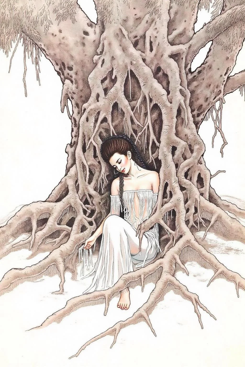 chenu1 illustration.
The image is a detailed, intricate drawing in the style of traditional Chinese ink wash painting, with a focus on a serene and ethereal scene. The artwork features a woman, likely a deity or mythical figure, nestled among the gnarled roots of an ancient tree. She is depicted in a contemplative pose, with her eyes closed and a serene expression on her face. <lora:chenu2_poster_cap_d6a3:1.0><lora:822574254231914320:0>