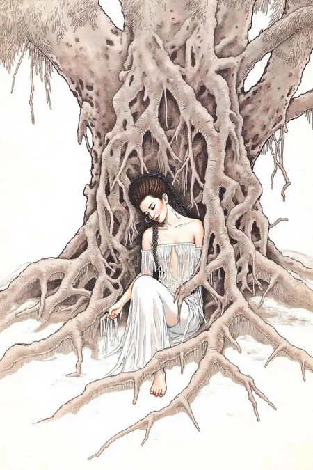 chenu1 illustration.
The image is a detailed, intricate drawing in the style of traditional Chinese ink wash painting, with a focus on a serene and ethereal scene. The artwork features a woman, likely a deity or mythical figure, nestled among the gnarled roots of an ancient tree. She is depicted in a contemplative pose, with her eyes closed and a serene expression on her face. <lora:chenu2_poster_cap_d6a3:1.0><lora:822574254231914320:0>