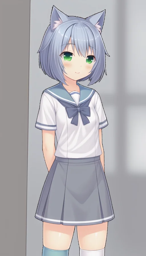 masterpiece, best quality, cat_ears,white kneehighs, shirt, school uniform, seifuku, Sailor dress, small breasts, green eyes, short hair, light blue hair, girl, solo,
<lora:niunaiV1:0.5>
niunai