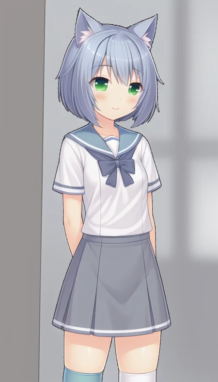 masterpiece, best quality, cat_ears,white kneehighs, shirt, school uniform, seifuku, Sailor dress, small breasts, green eyes, short hair, light blue hair, girl, solo, 
 <lora:niunaiV1:0.5>
niunai