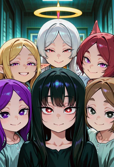 Mevak_PS, masterpiece, best quality, amazing quality, very aesthetic, high resolution, ultra-detailed, extremely detailed eyes, detailed face, absurdres, newest, best illumination, depth of field, complex background, detailed background, family photo, looking at viewer, happy, blurry, angel girl(blonde hair), demon girl(black hair), cat girl(purple hair), elf girl(white hair), gyaru(golden hair), japanese girl(black hair), european girl(red hair), latin girl(brown hair), multiples girls, +8girls, +6girls,