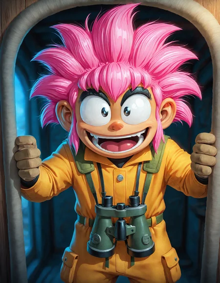 masterpiece, best quality, amazing quality, very aesthetic, absurdres, newest, (front, looking at viewer:1.1) <lora:Ore_Tomba_v3-000041:0.7>, t0mba, pink spiky hair, solo, male 1boy, :D, Zoologist, khaki field clothes, binoculars, in a wildlife reserve, masterpiece, best quality, amazing quality, <lora:cfg_scale_boost:1.0>,